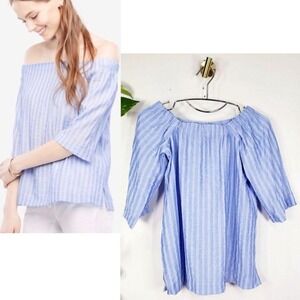 Ann Taylor Loft Off The Shoulder Top Womens XS Blue Striped Coastal Slit Classic